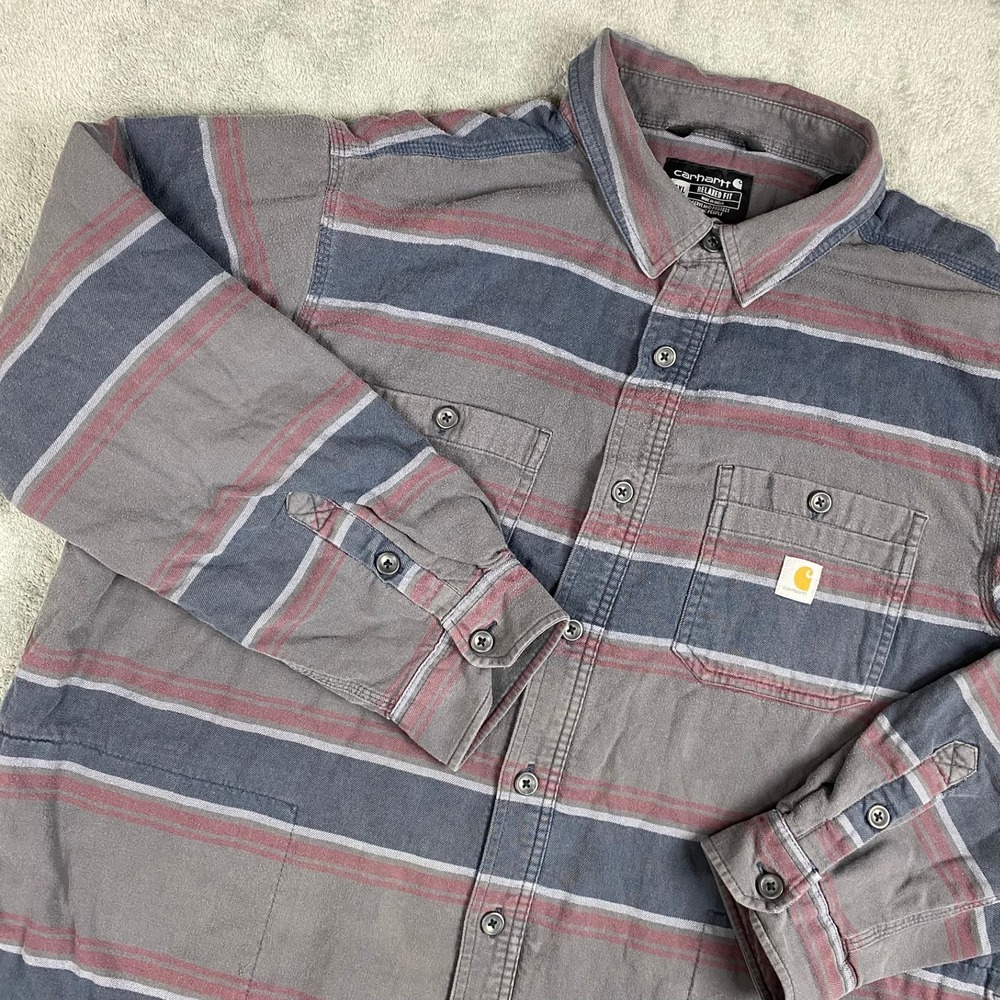 Carhartt Men Shirt Shacket 2XL Grey Striped Rugged Flex Fleece Lined Relaxed Fit
